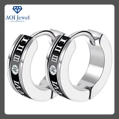 【送料無料！】ピアス レディース メンズ チタン ローマ 数字 リング フープ キャッチレス 両耳セット (直径：9mm) ブラック [PM004]