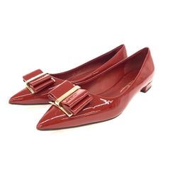 美品 フェラガモ 6D ZERI ゼリ フラットパンプス エナメル リボン 赤