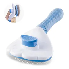 【数量限定】【正規品】SanMori ペット用ブラシ痛くない ヒーリングブラシ スリッカーブラシ 犬 猫 長毛種・短毛種 くし ワンマッサージしながら抜け毛除去 ボタンを押して抜け毛が簡単に取れる グルーミングブラシ 猫・犬兼用(ブルー)