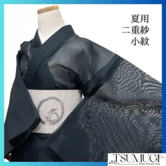 小紋　夏用　二重紗　抽象模様　縞　グリーン　ブルー　着物　074a d