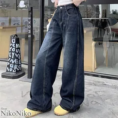 ショップにこにこ バックロゴ刺繍 ワイドシルエット カーブデニムパンツ【即納】ボトムス パンツ デニムパン ハイウエスト ルーズシルエット ロゴ刺繍 高身長 メンズライク インディゴブルー