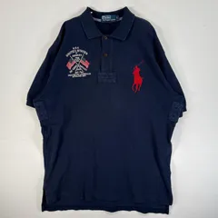 古着 90's/90年代 ポロバイラルフローレン Polo by Ralph Lauren 鹿の子 半袖 ポロシャツ ビッグポニー エンブレム 刺繍 2ボタン 肉厚 L  ネイビー 無地 メンズ