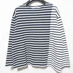 美品 ORCIVAL オーシバル アシンメトリー 配色 切替 ボーダー柄 ロングスリーブ バスクシャツ カットソー 1 ネイビー×ホワイト レディース 古着 中古 USED
