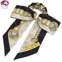 GUCCI グッチ 805681 チェーン シルク シュシュ ヘアゴム ベージュ系/ブラックカラー リボンデザイン GG チェーン柄 箱 保存袋 タグ 冊子 イタリア製