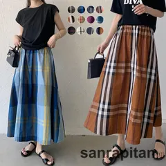 スカート タータンチェック フレアスカート チェック 春 夏 秋 ロング丈 ミモレ丈 Aライン 体型カバー 大きめ ウエストゴム