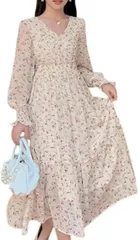 Dep Club 可愛い 花柄ワンピース 清楚 レディース ローブ ロング 長袖 ドレス トップス リゾート 大きいサイズ きれいめ 春 秋(ベージュ,  L)