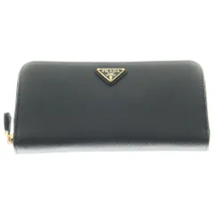 PRADA (プラダ) サフィアーノ 三角ロゴ ラウンドジップ ウォレット 長財布 ブラック レザー ゴールド金具 1ML506
