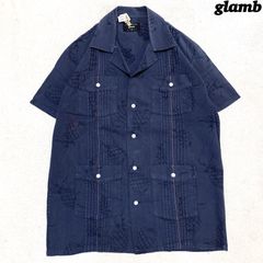 glamb キューバシャツ メキシカンシャツ ハワイアンシャツ アロハシャツ ワークシャツ クリーニング済 オープンカラー 開襟 4ポケット ラインプリーツ 総柄 ジャガード パイナップル ショートスリーブ 半袖 2サイズ ネイビー グラム