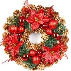 クリスマスリース クリスマス花輪 ドア 玄関 庭園 壁飾り ガーランド 松かさ 鮮やかな赤い花 オーナメント デラックスリース かわいい ゴージャス ナチュラルリース 結婚式 お祝い 部屋飾り ドアチャーム 玄関リース 北欧風 40CM 赤 メリー