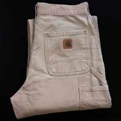 carharttカーハート ダメージ ダック地 ペインターパンツ グレーベージュ W30 L34★ワーク カーペンター ロガー ボロ フェード