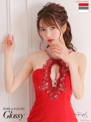 レッド[GL2681-R-2208]【ROBE de FLEURS Glossy/ローブ・ド・フルール グロッシー】ホルターネック/ アメスリ/ バストフラワーモチーフ/ ストレッチ/ タイト/ ミニドレス/ キャバドレス