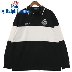 90s オールド Polo by Ralph Lauren（ポロ バイ ラルフローレン） ラガーシャツ 太ボーダー 刺繍クレスト NYC 黒×白 XL / コットン100%
