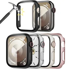 【在庫処分】指紋防止 高透過率 高耐久 耐衝撃 傷防止 超薄型 全面保護 防水 PC素材 一体型 強化ガラス 装着簡単 アップルウォッチ保護カバー 9/8/7/SE/6/5/4/3/2/1 (ブラック/クリア/スターライト/ローズゴールド Series ケース