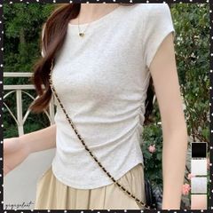 サイドギャザーtシャツ 半袖トップス夏服 ラウンドネックちびTシャツ レディース 無地タイトtシャツ 韓国風シンプル 着やせ細見えTシャツ サイドタックカットソー おしゃれ夏トップス スリム ショートT カジュアル 丸首t