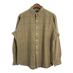 90年代 RALPH LAUREN ラルフローレン ボタンダウン 長袖シャツ チェック ワンポイントロゴ カーキ (メンズ XL) 中古 古着 R7456
