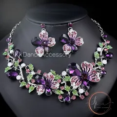 イヤリング加工ヴェルデ・フローラ・エクスクルーシブ パープル ネックレス ピアス セット クリスタル  イベント 発表会 ブライダル 式典 舞台衣装アクセサリー ダンス アクセサリー パーティー