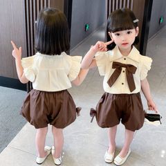 上下セット セットアップ  リポン付き 子供服 セット 女の子 女児 小学生  ブラウス フレアスリーブ バルーンパンツ セット トップス キッズ  可愛い  おしゃれ カジュアル 90cm 100cm 110cm 120cm  130cm  
