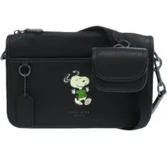 美品 コーチ×PEANUTS スヌーピー ミニポーチ付 ヘリテージ コンバーチブル クロスボディ レザー ブラック 黒 ショルダーバッグ 0908 COACH