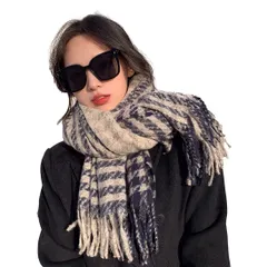 【特価商品】ストール 大判 グレンチェック柄 フリンジ ロングマフラー レディース ネイビー ボリューム 暖かい 柔らかい マフラー 大判スカーフ 防寒 秋冬 [SEYIXU] 男女兼用 通勤 通学