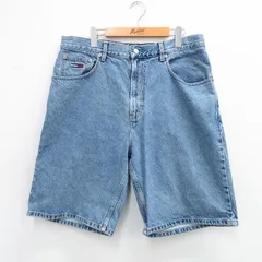 W36/古着 トミーヒルフィガー ブランド ショート パンツ ショーツ メンズ 90s ワンポイントロゴ コットン 紺 ネイビー デニム 25aug12 中古