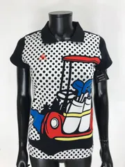 【USED】le coq sportif ルコック 綿 半袖 シャツ ロゴ刺繍 ドット柄 総柄 ブラック 黒 ホワイト 白 レディース L ゴルフウェア