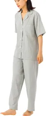 Cenote Rico パジャマ レディース 綿100 夏 半袖 五分袖 長ズボン 半袖長ズボン 前開き 上下セット 寝巻き ガーゼ 二重ガーゼ 綿100% パジャマセット レディースパジャマ 夏用 おしゃれ かわいい 可愛い( グレー,  L)