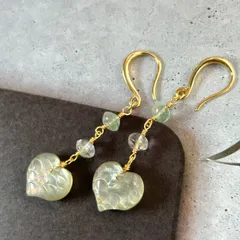 一点のみ✳︎グリーンアメジスト　トリプレットハートのピアス　トルマリン・グリーンアメジスト&マザーオブパールトリプレット　マーメイドスケールカービング　14kgf　ハンドメイドピアス　天然石ピアス