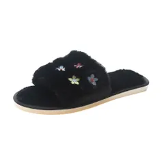 ☆ ブラック ☆ 40-41(24.5cm-25cm) ☆ スリッパ もこもこ pmyslimoko14 もこもこ スリッパ ルームシューズ ルームスリッパ 秋 冬用 前開きスリッパ ルームサンダル 室内履き オープントゥ ボア フェイクファー