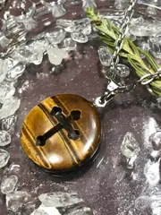 【抜きクロス/十字架/コイン型】《タイガーアイ/虎目石》ペンダントトップ[4401