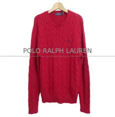 極美品 POLO RALPH LAUREN ポロラルフローレン フィッシャーマン セーター プルオーバー ケーブルニット クルーネック 長袖 ロゴ刺繍 コットン レッド サイズM メンズ 古着 中古