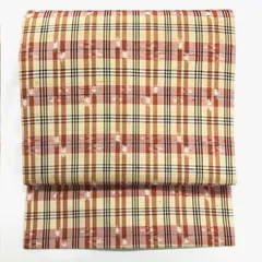 ［きものキレイ］名古屋帯　クリーム色　赤　格子文様　絹　リメイク　　N044