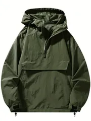 ジャケット メンズ 防風フード付きジャケット カジュアル アウトドア プルオーバー ジッパーポケット付き 長袖 洗濯機可 春/秋用 ポリエステル生地 ウィンドブレーカージャケット キャンプ フェス 街 自転車 バイク アーミーグリーン