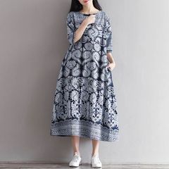 ワンピース 夏 レディース ロングワンピース リゾートワンピース 七分袖 ワンピ 総柄 ロングワンピ 花柄 クルーネック 綿麻風 大きいサイズ 夏服 ミモレ丈 ワンピース エスニック風 リゾート きれいめ おしゃれ