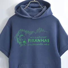 80〜90s USA製 JERZEES ジャージーズ ピラニア フロッキープリント 半袖 スウェット パーカー フーディー グッドフェード 紺 ヴィンテージ ビンテージ アメリカ古着 メンズSサイズ