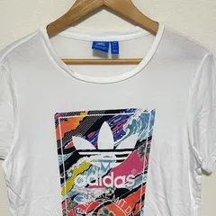 (^w^)b adidas アディダス 半袖 Tシャツ ヨガ ピラティス ジム クルーネック  白 ホワイト ロゴ プリント カラフル  ハワイ  ヤシの木 グラフィック 3 夏  ビーチ  海 ポップ  デイリー 英字 ユニセックス レディース サイズM