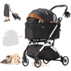 【数量限定】分離型 HRking.HANRAY 折りたたみ ペットカート 3wayモデル 対面式 4輪 犬用ベビーカー 前輪360°回転 後輪ブレーキ付 猫犬兼用 多機能 多頭用 介護用 ペットバギー 組み立て簡単 耐荷重15KG (ブラック)のサムネイル
