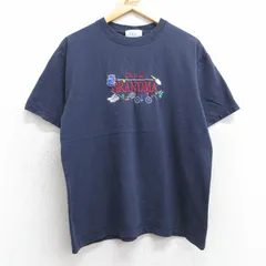 L/古着 半袖 ビンテージ Tシャツ メンズ 90s グランマ 自転車 ラケット 刺繍 コットン クルーネック 紺 ネイビー 25may01 中古