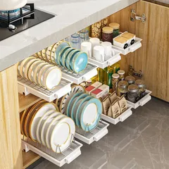 【数量限定】大容量 プラスチック 1/2段 炭素鋼 食器置き場 隙間収納 調味料ラック 卓上収納 ラック フック付き キッチン収納 収納棚 スライド式収納ラック 省スペース 収納ラック 安定性 引き出し 通気性 スライド式 (調味料収納棚) シンク下ラック