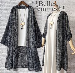 ★新品M～L★柔らかで上品な透け感*シフォントッパー*春夏の羽織*ロングブラウス*膝丈ブラウス*紫外線対策601黒×白