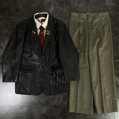 【JAPANESE VINTAGE】6点セット セレモニー シングルスーツ レザーテーラードジャケット セットアップ 上下 ジャケパン +革手袋 ブラック系 成人式 卒業式 結婚式（ユーロピンズ＆シャツ＆ネクタイ＆レザーグローブ おまけ）No.21