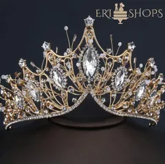 ラインストーン ゴールド クラウン ウェディング 結婚式 ティアラ ヘッドドレス 王冠 ブライダル 花嫁 姫系 記念写真 結婚式 披露宴 発表会 イベント パーティー カチューシャ 髪飾り レディース