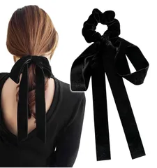 [Herbeluemily] ベロアリボン リボン ヘアゴム シュシュ 大きめ ベルベット ベロアリボンゴム 髪ゴム 黒 A シュシュ [A シュシュ]