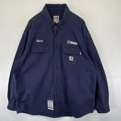 古着 カーハート Carhartt 長袖シャツ ボタンダウン ワークシャツ ワンポイントロゴ 企業ロゴ FR 大きいサイズ  ネイビー メンズ
