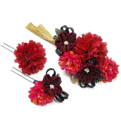髪飾り 成人式 つまみ細工 赤 振袖 袴 花 3点セット ピンク ゴールド 組紐 房付き 下がり ちりめん ヘアアクセ かんざし 七五三 No.9-4806