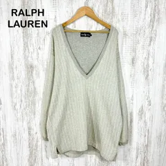 90s RALPH LAUREN ヴィンテージ ラルフローレン ストライプ Vネック コットン ニット セーター チュニック グレー