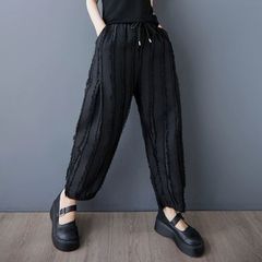 モード系  ブラック お洒落 フリンジ  ストライプ  クロップドパンツ  個性的なパンツ  ボトムス  9分丈パンツ  リラックスパンツ