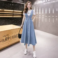 デニムジャンパースカート レディース 春夏秋 ロング丈 サロペットワンピース Aライン 体型カバー 高身長 低身長 きれいめ カジュアル Tシャツ合わせ お出かけ デート 通勤 通学 韓国ファッション [1215]