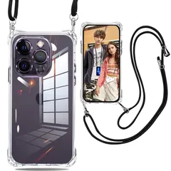 iPhone 14 pro max ケース クリア ショルダー 耐衝撃 調節可能なショルダー クロスボディTPU カバー アイフォン14promax 取り外し ル付き ワイヤレス充電対応クリアカバー 耐衝撃 クリア 薄型 TPU 軽量 肩がけ 首掛け 紐付