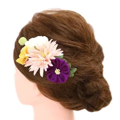 髪飾り 成人式 つまみ細工 振袖 前撮り 袴 浴衣 夏祭り 花火大会 豪華2点セット 白 紫 ピンク 薄ピンク 黄色 黄緑 ファー ちり No.9-4246