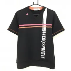 【超美品】ルコック 半袖トレーナー 黒×オレンジ 胸元テープライン ロゴプリント Vネック レディース L ゴルフウェア le coq sportif